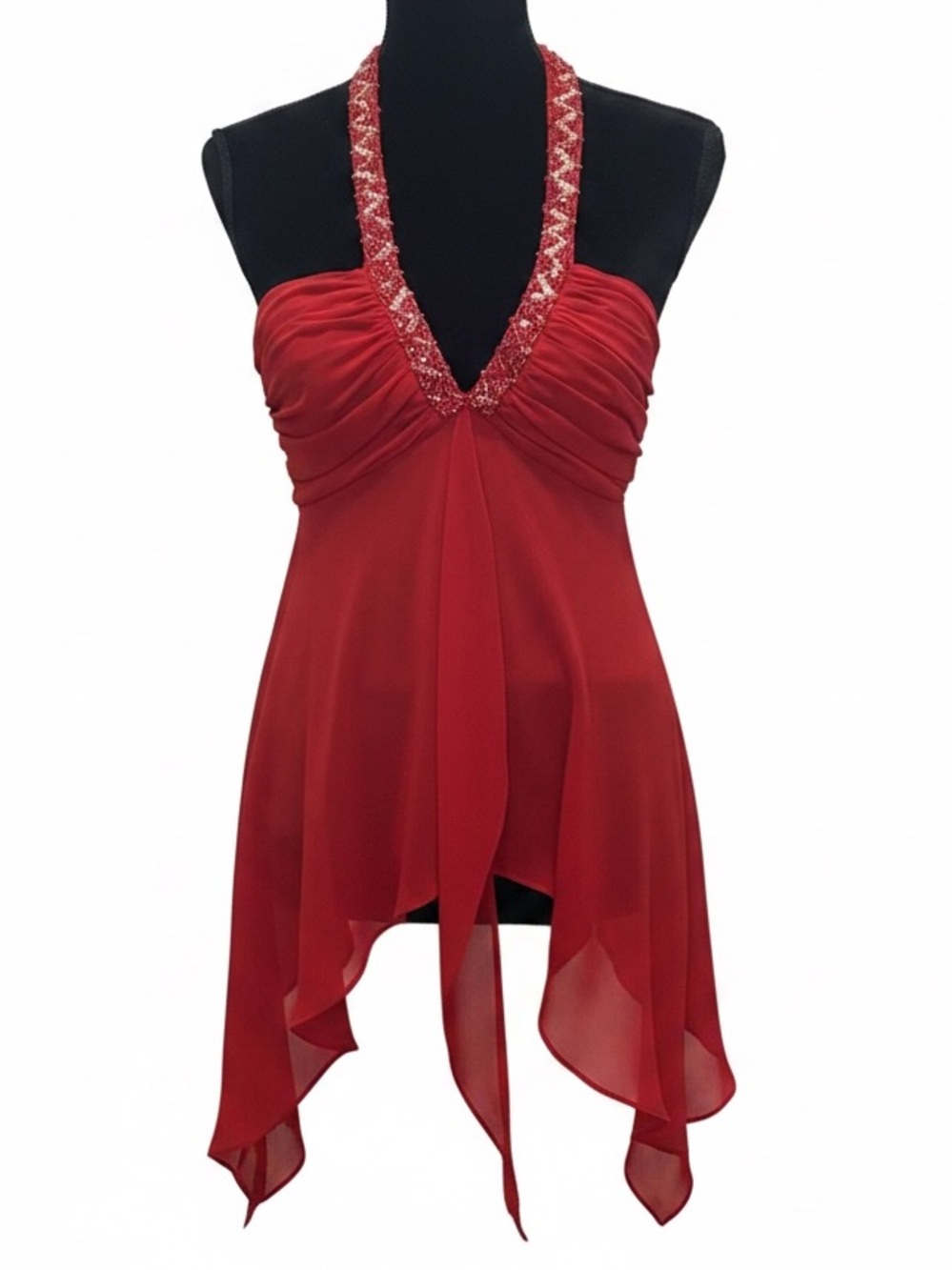 Vintage Y2K Red Beaded Halter Chiffon Top Fairycore Size 6 - Picture 2 of 11